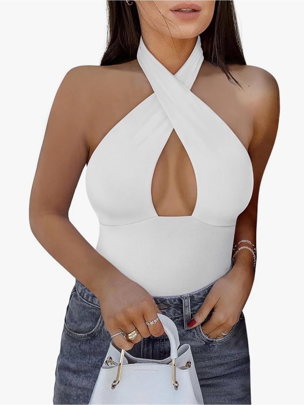 ReoRia White Crisscross Halter Bodysuit